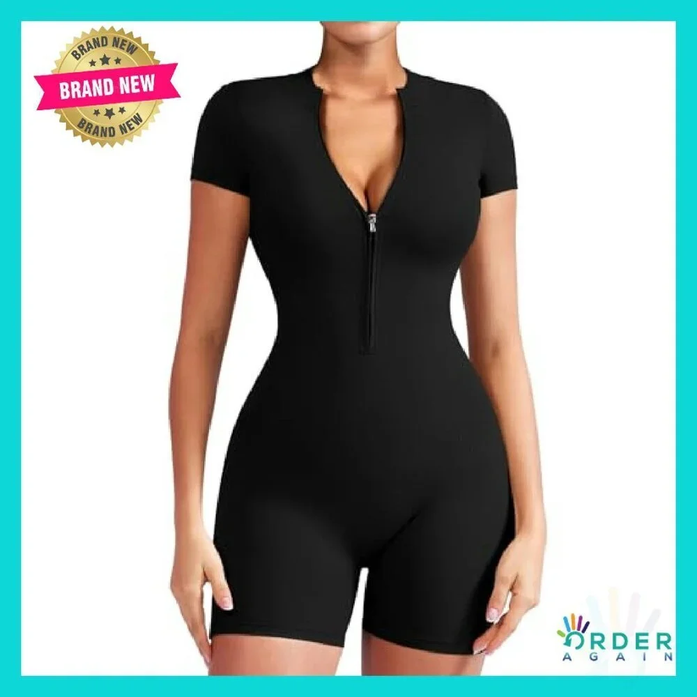 Short Sleeve Workout Jumpsuit Zip Up Romper Bodycon One Piece Sexy - Picture 2 of 8